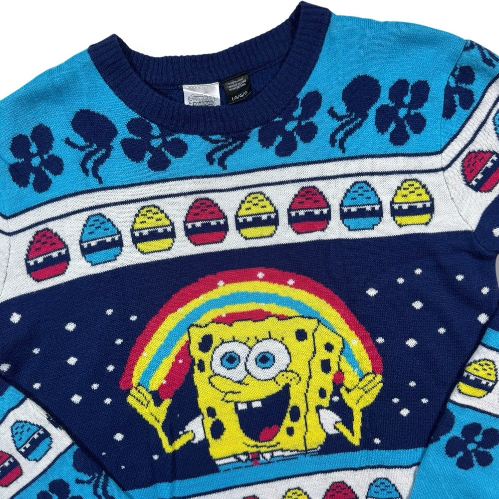 SpongeBob Squarepants Sweater Large Blue Yellow Holiday Nickelodeon Easter